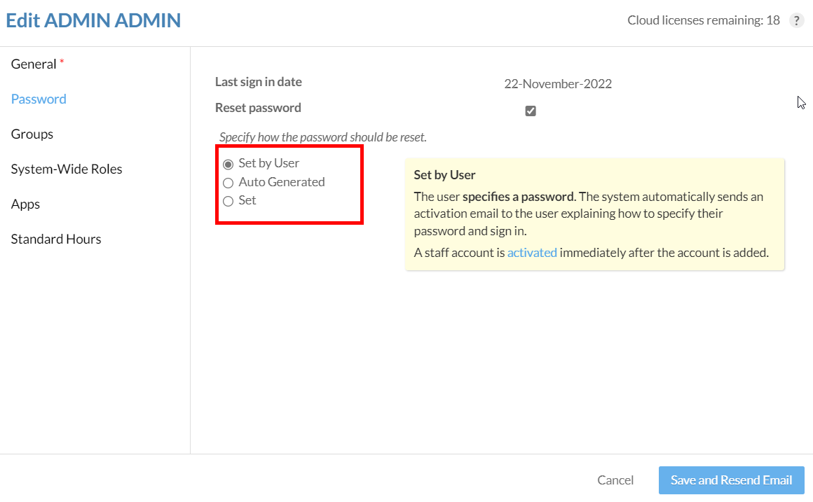 How can an admin change a user's password in Caseware Cloud?