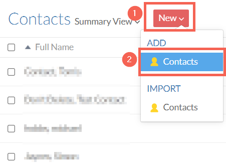 Selecting 'New' and 'Add Contact' in the Contacts section