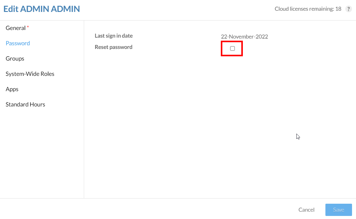 How can an admin can change a users password on the cloud?